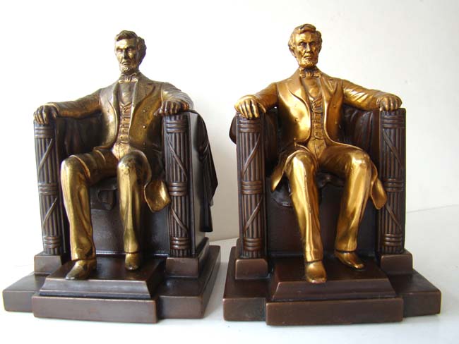 An assembled pair of antique "Lincoln in the chair" bookends by Jennings Brothers circa 1930 — image 2